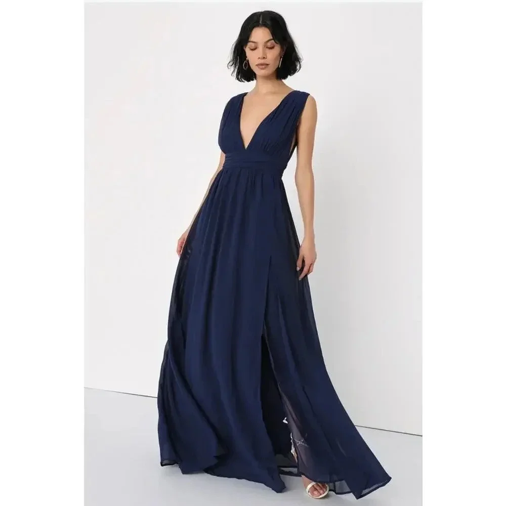 Love by Design Navy Gown Maxi Dress Formal‎ Sz L Graduation Wedding Guest Slit